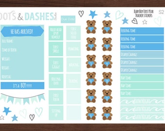 S2- Baby boy, first year tracker stickers, baby milestone stickers, baby's first year (54 Matte Planner Stickers)