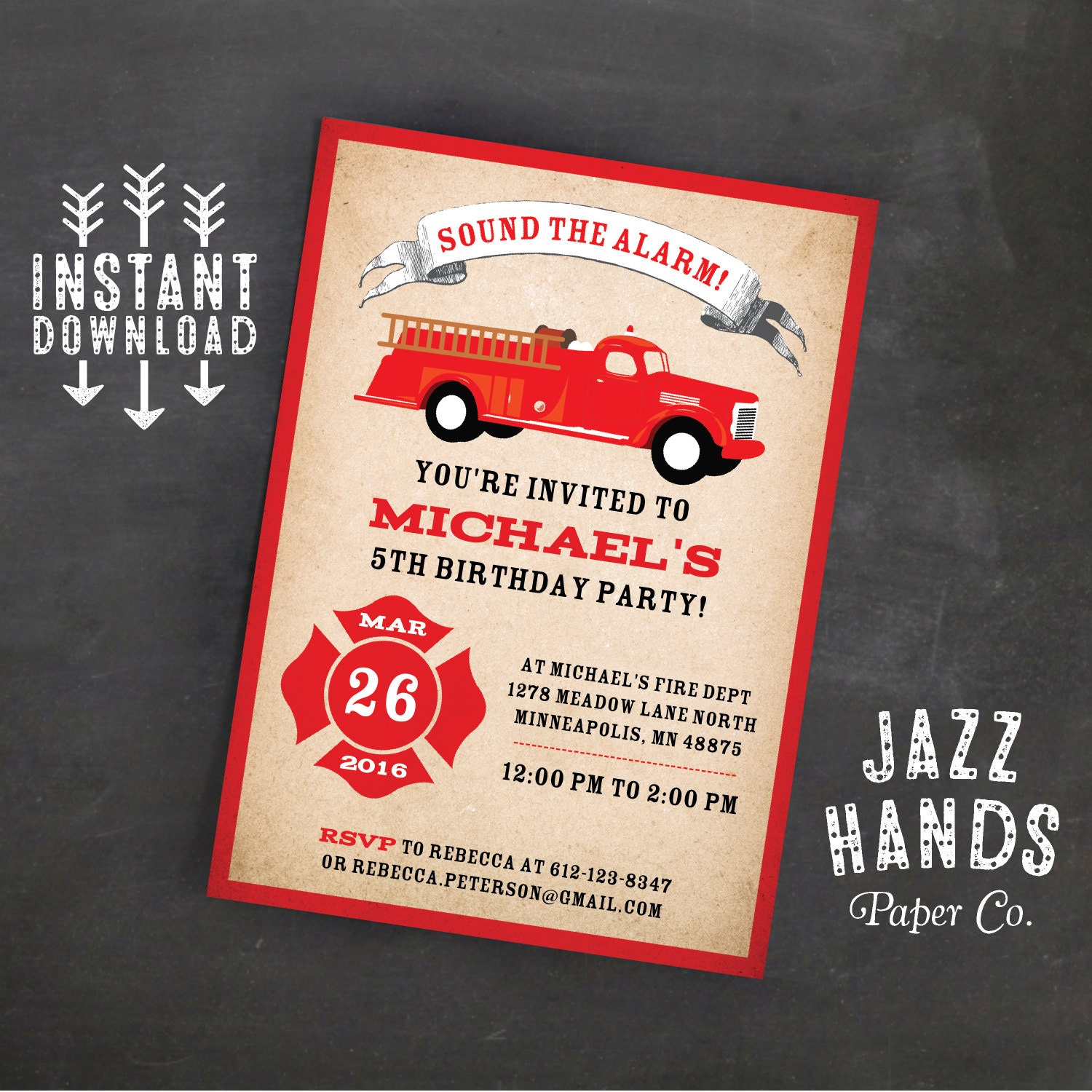 Fire Truck Birthday Invitation Template DIY Printable