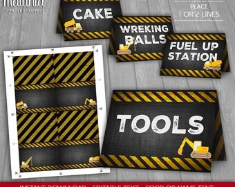 Construction Birthday Party Tents - INSTANT DOWNLOAD - Chalkboard Food Tents - Candy Table Tents - Editable Text