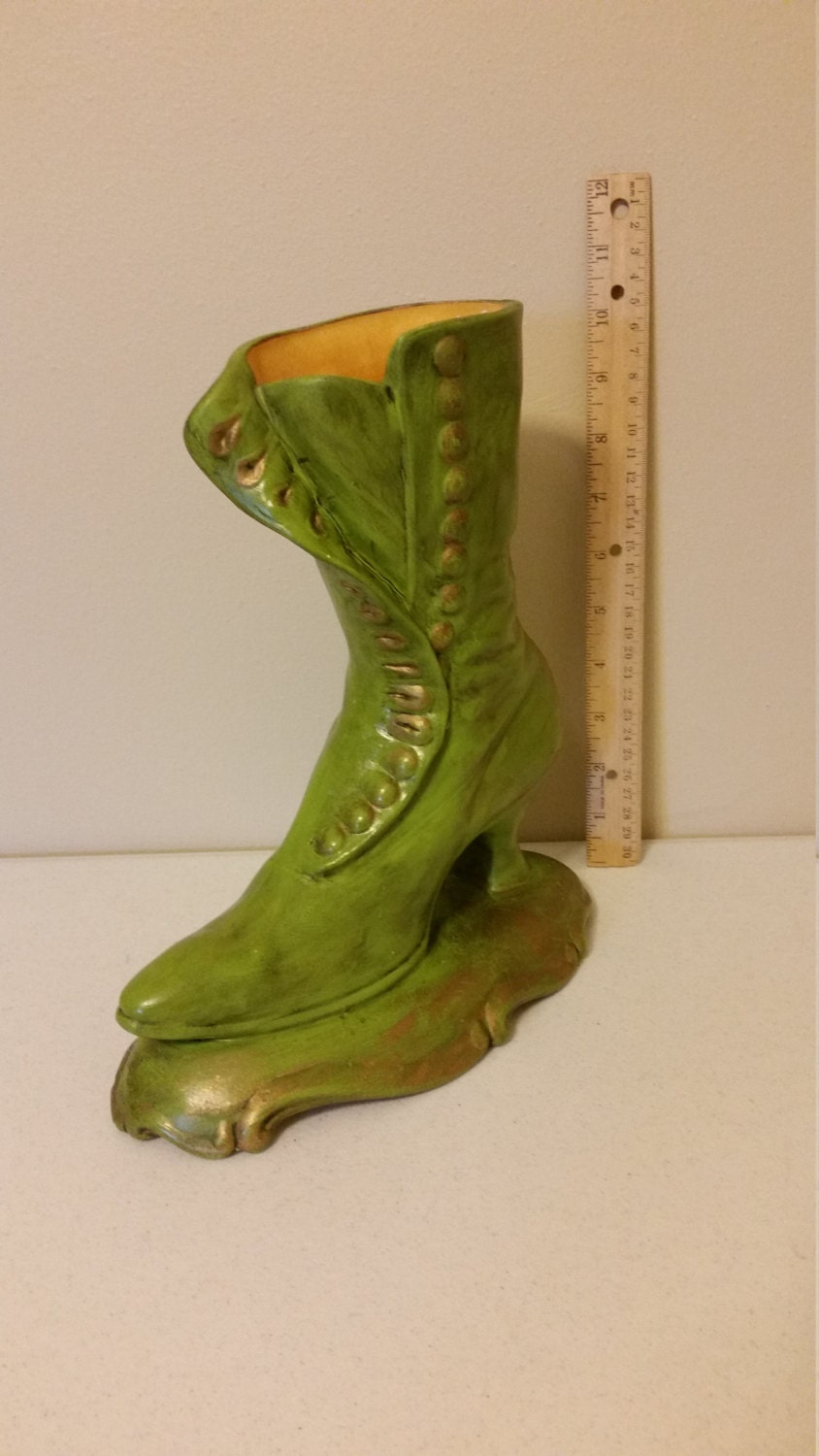vintage ceramic boot planter / vase on pedestal by dedhamtreasures