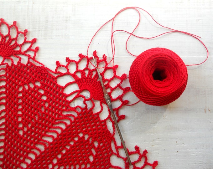 14 inch Red Lace Crochet Doily, Handmade Gift for Her, Victorian Style Interior, Vintage Style Home Decor, Crochet Tablecloth, Red Table