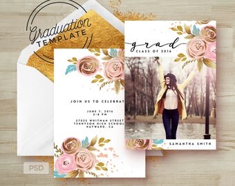 Rose Gold Floral - Graduation Invitation Photoshop Template - Printable Grad Announcement Card - Graduation - Photo Marketing Template