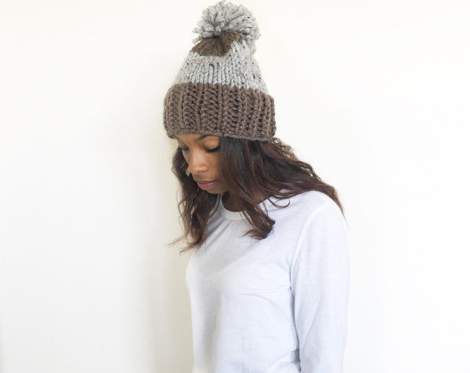 Knit Slouchy Beanie hat//THE BECKVILLE//Taupe and Grey Marble