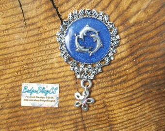 3 Dolphin ID badge cover. Custom color id badge. Royal blue id Dolphin ornate id badge reel jewelry. Ocean dolphin decor. Circle of dolphins