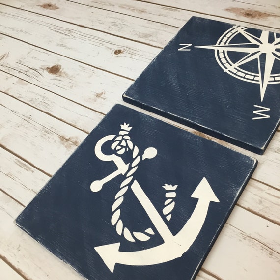 Items similar to Nautical Wood Sign Set Navy Nautical Anchor
