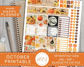 OCTOBER Happy Planner Monthly View Kit Mambi Stickers Halloween Planner Pumpkin Orange Black Printable Planner Instant Download HPMV105
