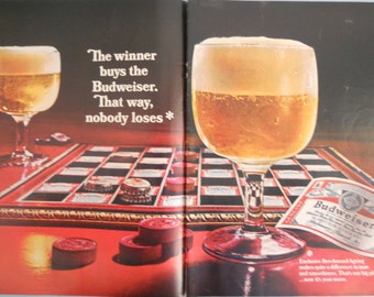 Budweiser Beer Ad. 1967 Budweiser Beer ad. 2 pages. Beer with Checkerboard. Life Magazine. Oct. 27, 1967. Full color.