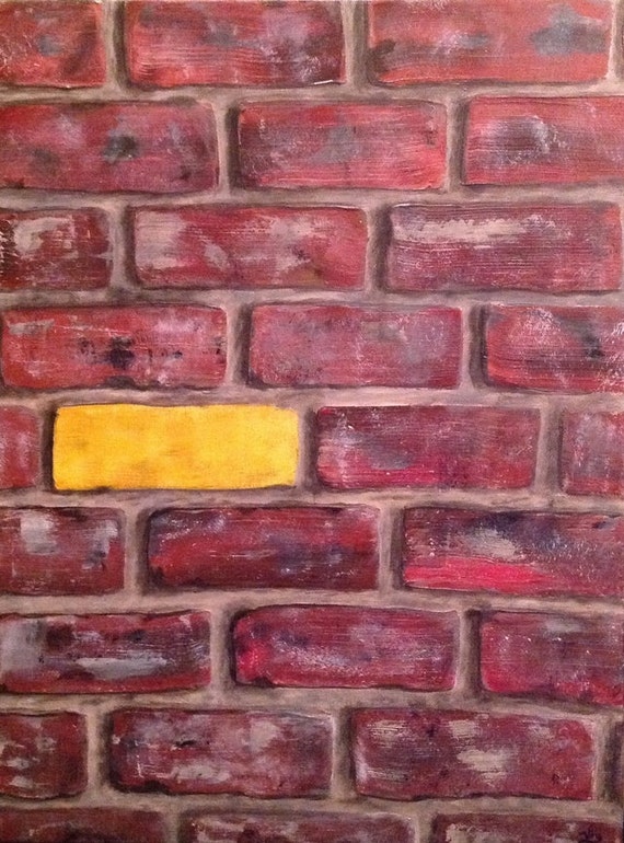 Brick wall abstract painting original art red yellow gold