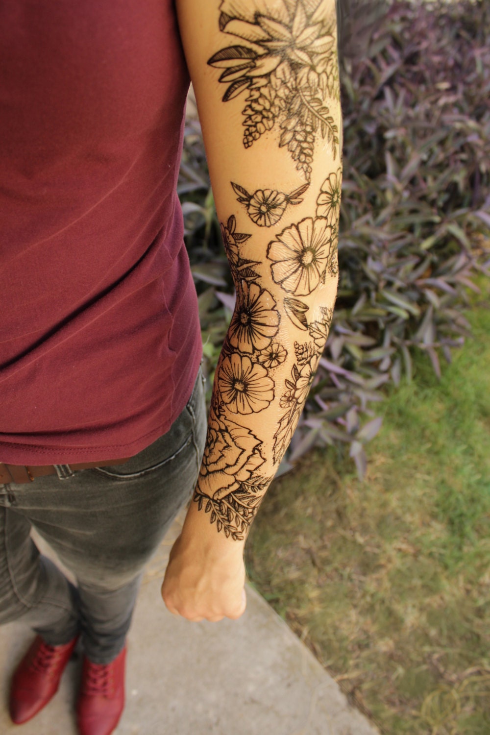 Floral SLEEVE Temporary Tattoo 5 Piece Black Line Design