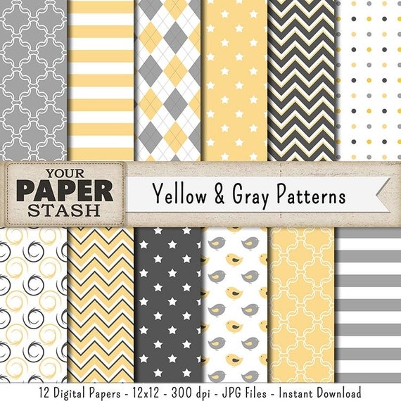Yellow & Gray Digital Paper Scrapbook Paper Argyle Patterns