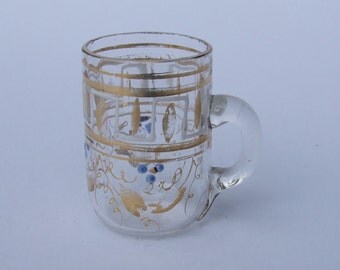 Antique Bohemian Miniature Toddy Glass Tankard - 19th Century Victorian Period Wrythen Moulded Enamelled Gilded Collectable Glass