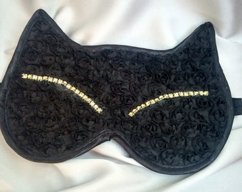 Black Cat sleeping mask, Handmade Kitty sleep mask, Eye mask, Birthday gift, Sleep wear mask, cat underwear, eye cover, pajama party favor