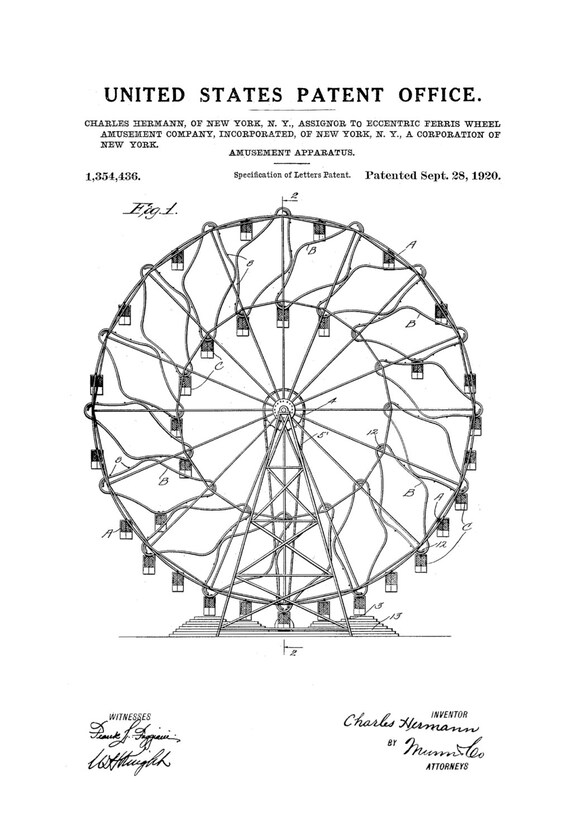 Ferris Wheel Patent 1920 Patent Print Ferris Wheel Decor