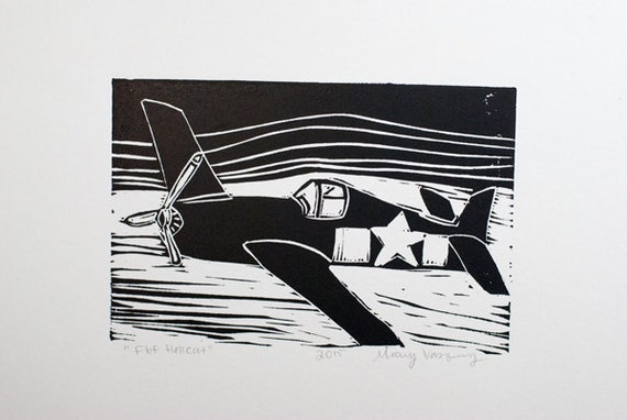 F6F HellCat Plane Linocut Block Print