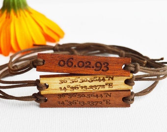 Coordinates Bracelet in Wood, Walnut, Mahogany or Oak Latitude Longitude Bracelet on Cotton String