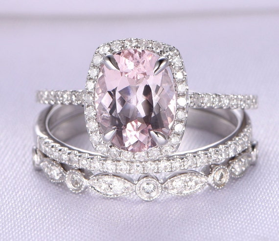 3pcs Wedding Ring Set7x9mm Oval pink Morganite Engagement