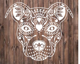 Pit Bull Sugar Skull decal. Perfect for windows, cars, office, home decor and more. Permanent decal