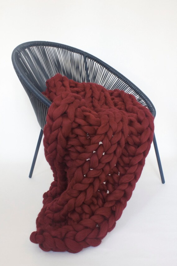 Red wine Chunky knit blanket Merino wool Wool throw Chunky
