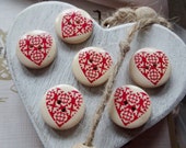 6 Round Wooden Buttons with Painted Heart Design