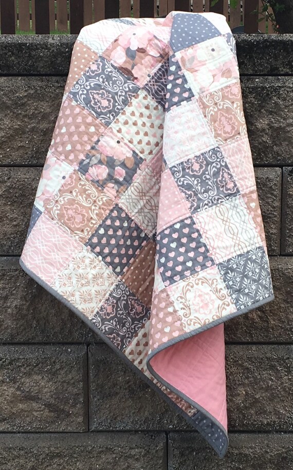 Pink and Grey Vintage Baby Girl Quilt Designer by KangarooQuiltCo