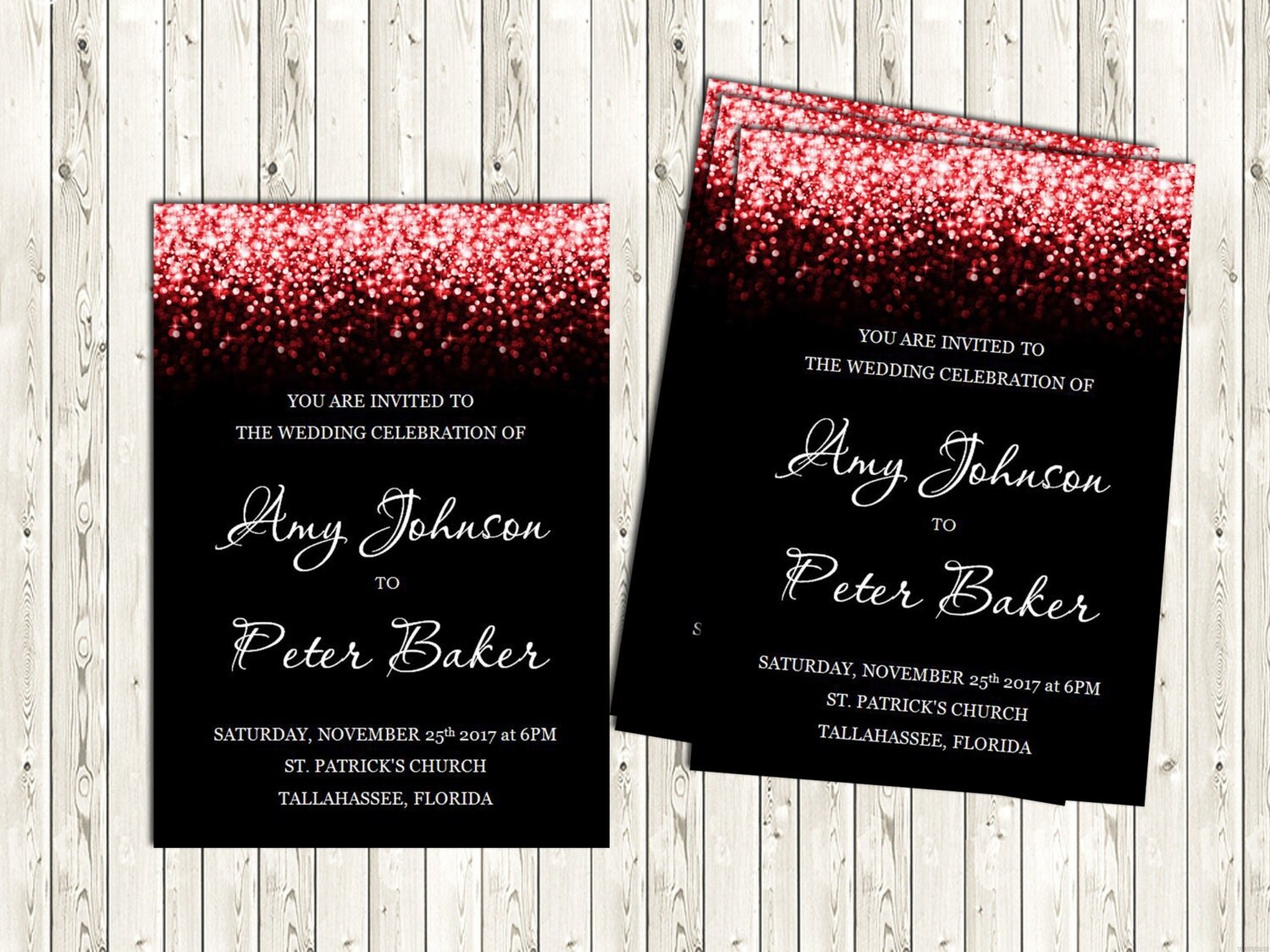 Red Glitter Wedding Invitation Black and Red Printable