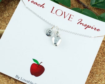 Teach Love Inspire Necklace, Personalized Teacher Gift, Teach Love Inspire Teacher Necklace with Apple Charm - Teacher Appreciation Gift