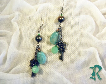 Earrings with Amazonite and Olive Pearls