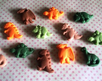 12 Edible Fondant Dinosaurs - Browns, greens and orange - Cupcake Toppers