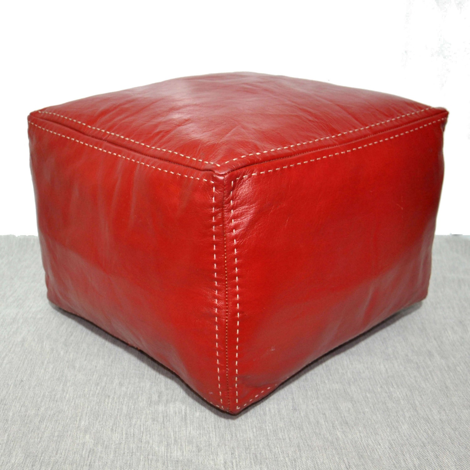 Moroccan Square Genuine Leather Pouf Handmade by Berbercraft