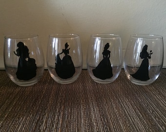 disney wine glasses, disney princess wine glasses, stemless wine glasses, cinderella, belle, ariel, aurora