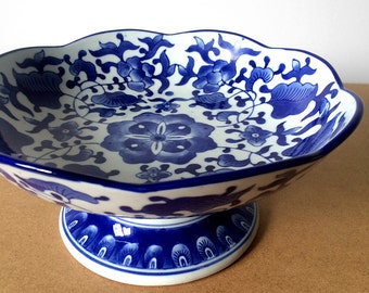 Vintage 1990's, Blue and White, Decorative Ceramic, Floral Print, Pedestal Plate, Cake Plate, Serving Dish