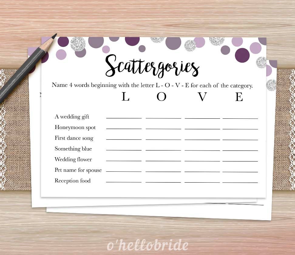 Scattergories Bridal Shower Game Printable Purple Bridal