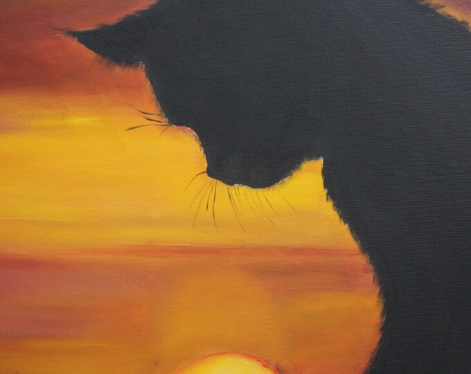 Unique landscape cat- Where does the Sun-Oil Painting-size 24*20 (60*50 cm)- Black cat at sunset- Wall, interior decor- gift idea