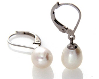 Pearl Leverback Earring, White Pearl Drop Earring, Hallmarked 925 Sterling Silver Leverback Pearl Earring, Wedding Jewellery, Bridal Gift