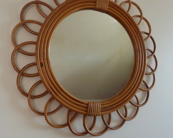 Miroir fleur en rotin D, années 60 vintage