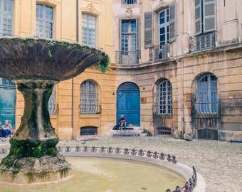 Aix En Provence/French Fountain/Ancient Fountain/Colourful French Buildings/Aix En Provence Photography/Provence Courtyard/Provence Doors
