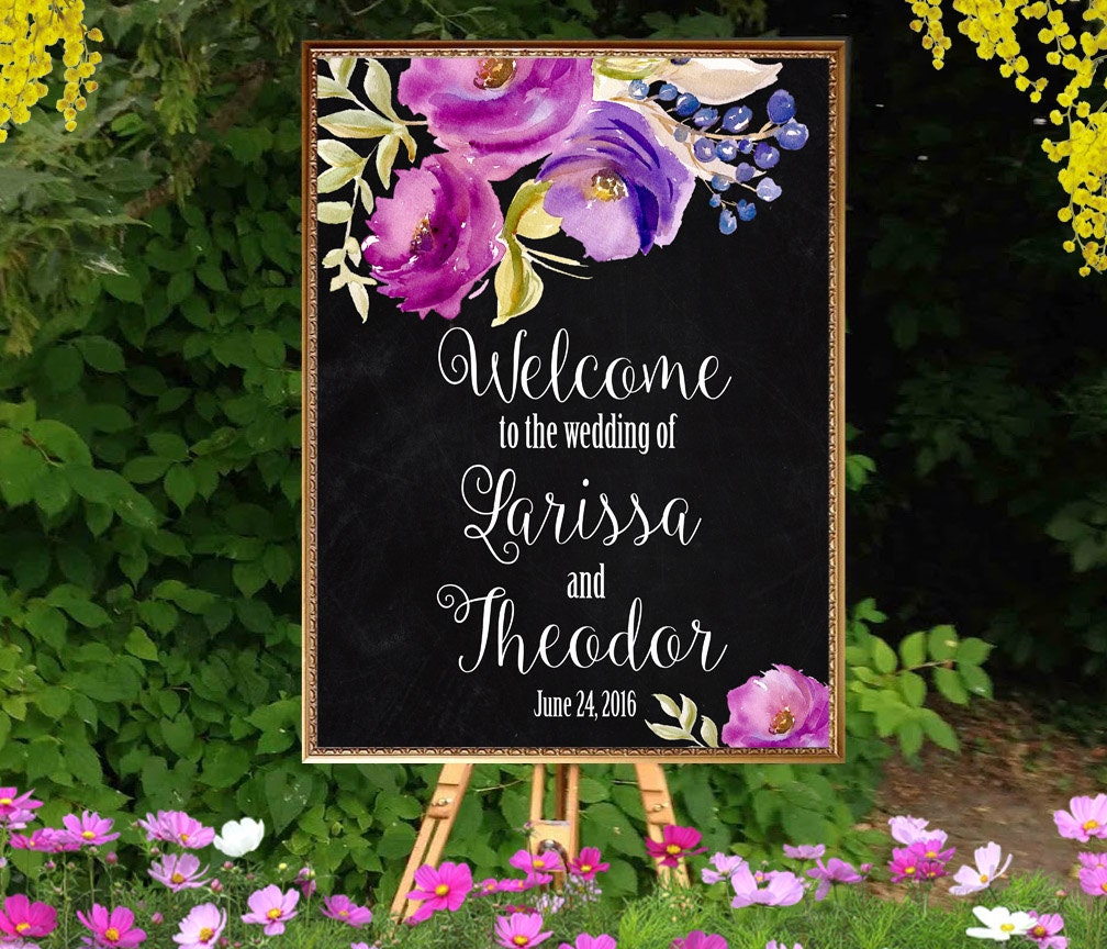 wedding sign printable purple flowers Chalkboard