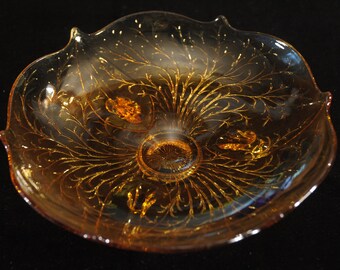 Vintage Fenton Amber Silvertone Wisteria 3 Footed & Petaled Console Dish 9 3/4" - (Contact shop to request actual ship cost for multi items)