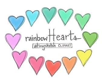 rainbow hearts clipart • 12 png files with transparent backgrounds • hand drawn
