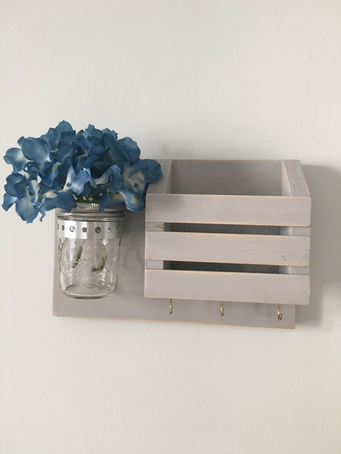 Rustic mail and key holder with Mason jar. Hand made with