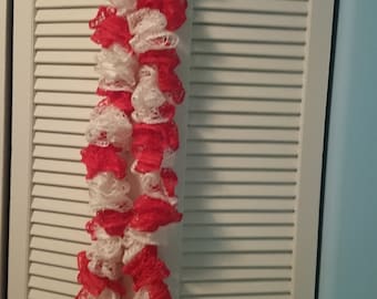 Handmade Red And White Sashay Scarf // Frilly Scarf // Gift For Her // Crochet Scarf // School Color Scarf // Women's Summer Crocheted Scarf