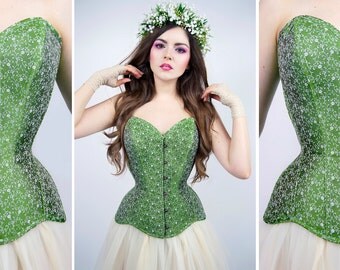Corset steel real overbust green fairy wedding flowers white ornaments floral meadow romantic waist trening tight lacing