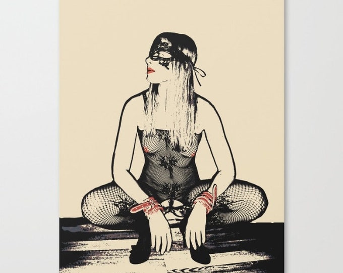 Erotic Art Canvas Print - Dirty bondage posing 2, unique, sexy conte style drawing, girl in bodystocking sketch sensual high quality artwork