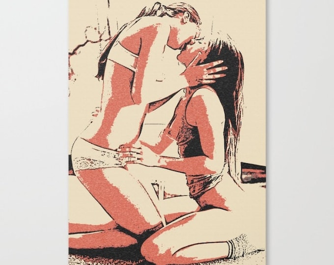 Erotic Art Canvas Print - Girls love to play naughty, unique, sexy conte style drawing, lesbians kissing sketch sensual high quality artwork