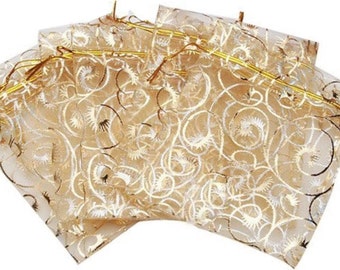 50 Gold Swirl Organza Bags, Drawstring bags, Wedding Favor Bags, Jewelry Pouch, Favor Bags, Bridal Shower, Jewelry Bag - 3.5x4.3