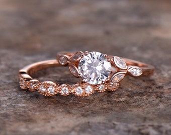 2pcs wedding ring set!6.5mm Round CZ Engagement ring,925 sterling silver wedding band,prong Bridal ring,marquise bezel,rose gold plated,pave