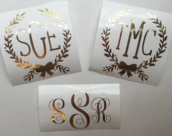 Monogram Decal- Vinyl Decal- Gold Monogram Decal- Gold Foil Vinyl Decal -Wreath- Bow- Leaf Circle- Personalized Decal