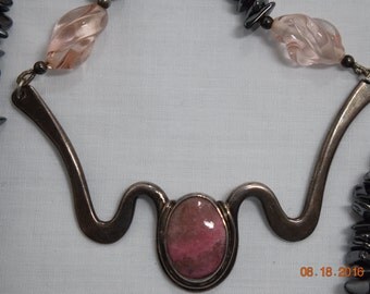 Vintage Hematite Necklace W/PINK QUARTZ