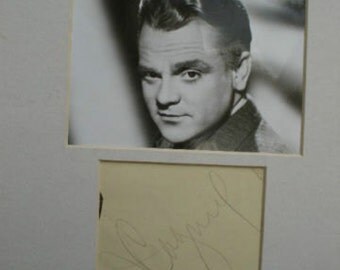Rare Signature sur papier avec photo Noir et Blanc de l'Acteur James Cagney avec Certificat