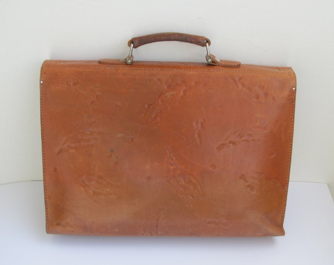 Vintage leather satchel, attache, honey / caramel brown saddle leather handbag, art deco style schoolbag, patterened briefcase, work bag